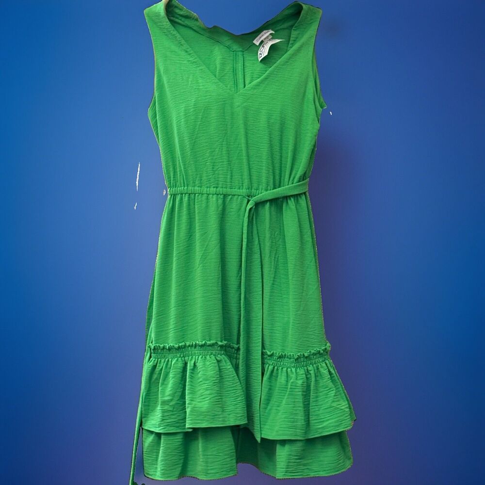 Calvin Klein Sleeveless V-Neck Tie Waist Tiered Ruffle Midi Dress Green Size 10